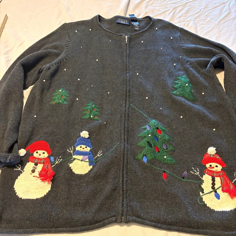 Vtg Crazy Horse Ugly Christmas Sweater Cardigan Zip Up Grey Snowman XL grandma 2